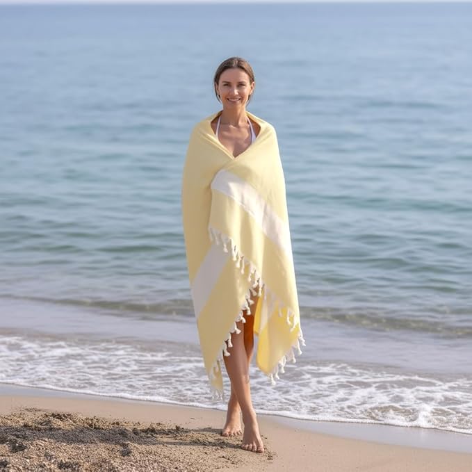 Bazaar Anatolia Turkish Beach Towel – 100% Cotton, Quick Dry, Sand Free Towel for Bathroom, Camping, Travel – Oversized 71x39 Inches – Diamond Yellow