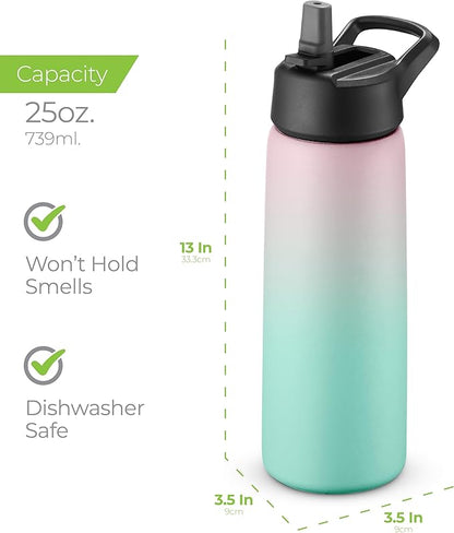 SipX™ Triple-Insulated Stainless Steel Water Bottle 25oz. With 3 Lids, BPA-Free Reusable Insulated Water Bottle Keeps Cold 24 Hours, (Gradiant Mint Pink)