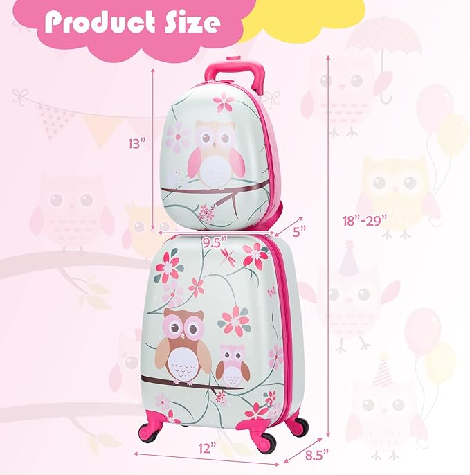 KOTEK Kids Carry On Luggage Set, 16" Hardside Rolling Suitcase with Spinner Wheels, Travel Rolling Luggage for Boys Girls (Owl)