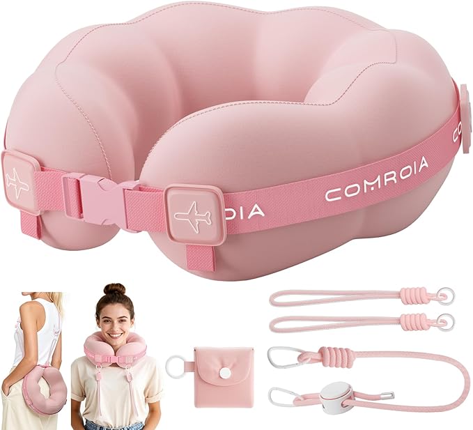 Travel Neck Pillow for Airplane, Super Soft Neck Support Travel Pillow - Lightweight and Stylish Convertible Style - Ergonomic Design for Long Flights, Car, Train & Office Use (Pink)