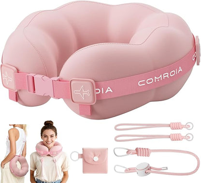 Travel Neck Pillow for Airplane, Super Soft Neck Support Travel Pillow - Lightweight and Stylish Convertible Style - Ergonomic Design for Long Flights, Car, Train & Office Use (Pink)