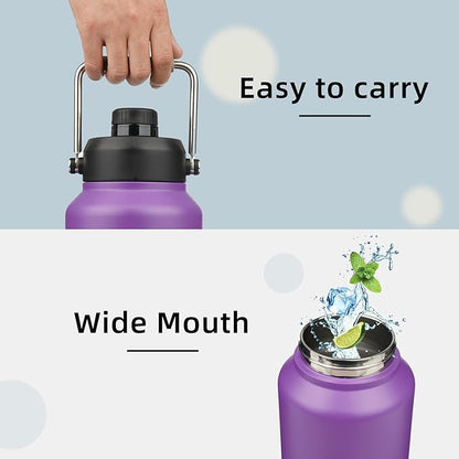 1 Gallon Jug with Handle,128 oz Insulated Water Bottle with Carrying Pouch, Double Wall Vacuum Stainless Steel Metal Bottle,Purple