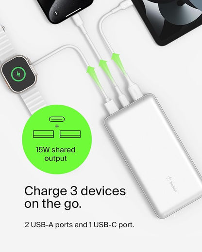 Belkin Portable Charger, USB C Power Bank 20000 mAh w/ 1xUSB-C Port & 2xUSB-A Ports, 15W w/Type-C to Type-A Cable - iPhone 17, Samsung Galaxy S25, Nintendo Switch 2, Google Pixel 10, etc. - White