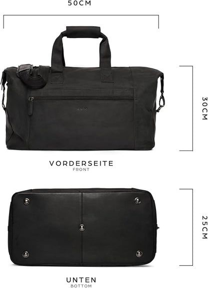 Leabags Leather Weekender | Genuine Leather Premium Travel Bag | 41L Sports Duffle Gym Training Airplane Bag | Large | Natural Black | Women & Men
