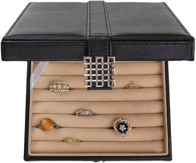 Glenor Co Ring Box Organizer - 54 Slot Classic Jewelry Display Case Holder - Storage Tray with Modern Buckle Closure, Large Mirror - for Rings and Cufflinks - Small for Travel - PU leather - Black