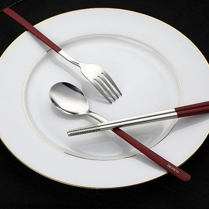 DEVICO Travel Utensils, 18/8 Stainless Steel 4pcs Cutlery Set Portable Camp Reusable Flatware Silverware, Include Fork Spoon Chopsticks with Case (Red)