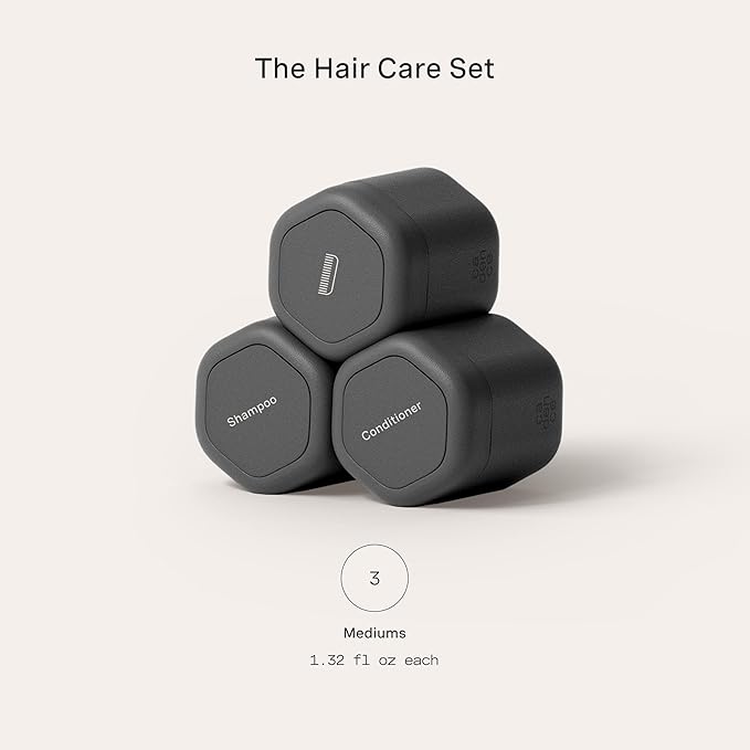 Cadence Travel Containers Haircare Capsule Set - Magnetic Containers with Lids,Carry On Travel Essentials For Women/Men - 3 Flex Mediums (1.32oz) - Shampoo, Conditioner & Comb Icon Labels - Charcoal