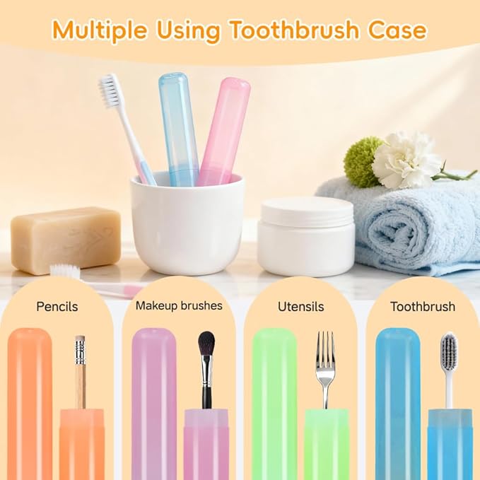 60 Pack Toothbrush Travel Case, Capsule Shaped Travel Toothbrush Holders with Dual Vent Holes, Plastic Toothbrush Holder for Travel, Home, School, Office（6 Assorted Colors）