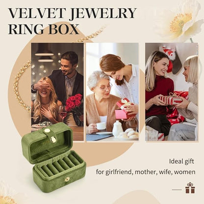 TAIMY Travel Jewelry Case, Portable Pocket Size Small Plush Velvet Ring Box for Women, Mini Ring Holder and Organizer with 7 slots for purse(Avocado Green)