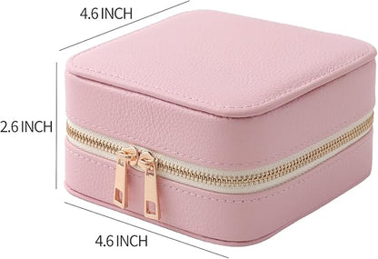 Genuine Leather Travel Jewelry Organizer Case with Mirror for Women, Small Mini Portable Jewelry Box for Ring Earrings Necklace Bracelet Luxury Gift for Women（Pink）