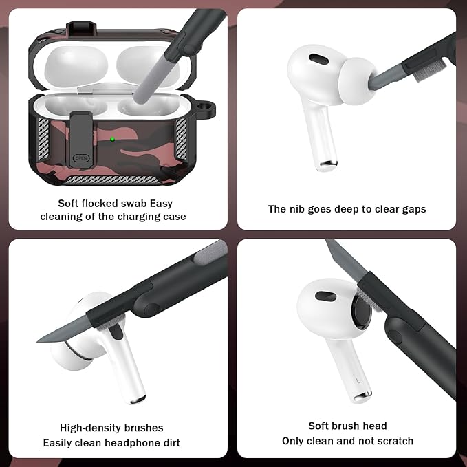 RFUNGUANGO for AirPods Pro 2nd Gen Case with Cleaning Kit, Military Hard Case Protective Armor with Lock, for AirPod Gen 2 Charging Case (2023/2022/2019, 2nd Gen/1st Gen),Red Camouflage