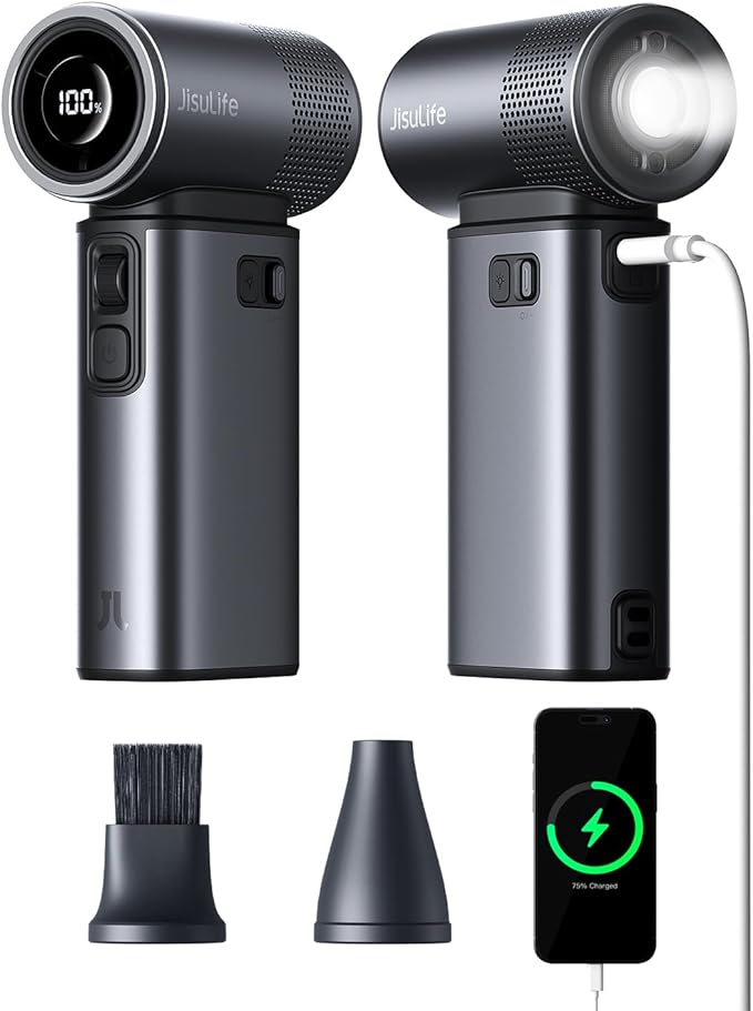 JISULIFE Portable Handheld Fan Ultra2 9000mAh, Max 25 Hrs, 5 IN 1, 100 Speed Turbo Fan, Rechargeable 18W Power Bank with Flashlight, Metal Shell Multi-Function Travel Essentials Gifts for Men-Grey