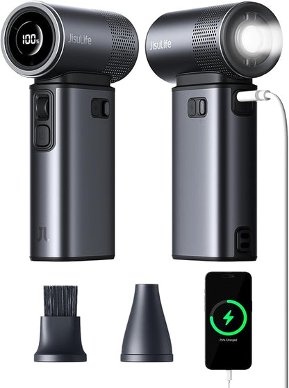 JISULIFE Portable Handheld Fan Ultra2 9000mAh, Max 25 Hrs, 5 IN 1, 100 Speed Turbo Fan, Rechargeable 18W Power Bank with Flashlight, Metal Shell Multi-Function Travel Essentials Gifts for Men-Grey