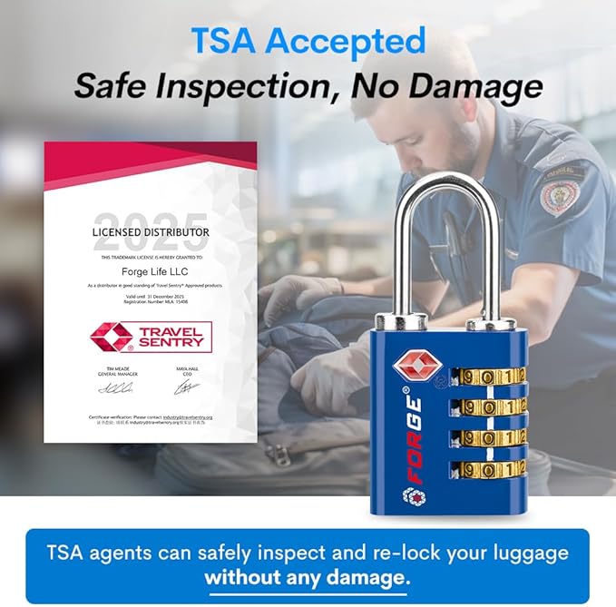 Forge Dual-Opening: Key or Combination Access Lock, TSA Approved Locks for Luggage, Pelican case, Travel, Gym, School, Stainless Steel Shackle. (Blue 2 Pk)
