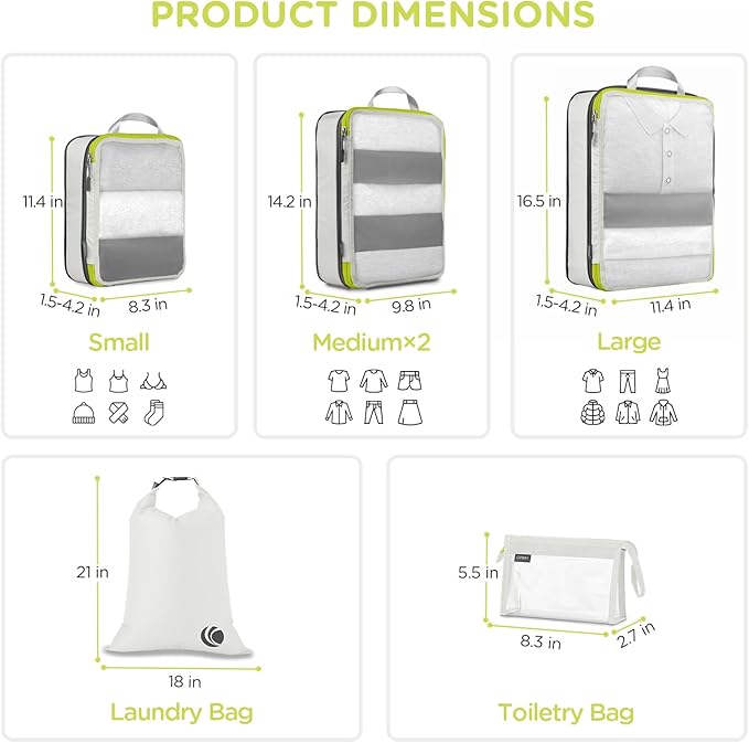 Cipway Compression Packing Cubes, See Through Mesh Luggage Organizer Bags, Travel Essentials for Carry on Suitcase with Laundry Bag and Clear Toiletries Bag（6 Pcs,White）