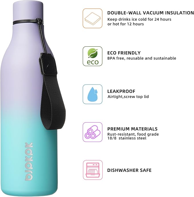 BJPKPK Insulated Water Bottles, 25 oz Stainless Steel Metal Water Bottle with Strap, BPA Free Leak Proof Jugs, Mugs, Flasks, Reusable Thermal Flasks for Sports & Travel, Lavender Mint