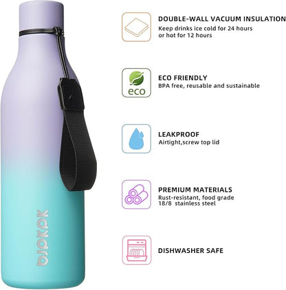 BJPKPK Insulated Water Bottles, 25 oz Stainless Steel Metal Water Bottle with Strap, BPA Free Leak Proof Jugs, Mugs, Flasks, Reusable Thermal Flasks for Sports & Travel, Lavender Mint