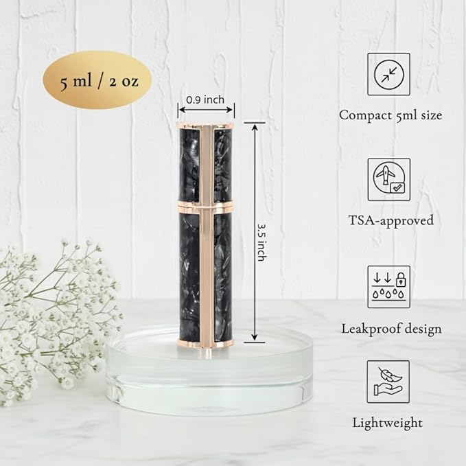 Ms Lovely Pearlescent Travel Perfume Atomizer Bottle – 5ml Refillable Mini Spray for Purse, TSA Approved Portable Fragrance Dispenser (Black with Gold)