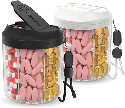 Pill Dispenser with 7 Large Compartments, 4.4" H x 3.6" Dia Pill Organizer for Travel, Supplement Organizer with Anti-Mixing Design, BPA-Free Pill Container with 20 Pcs Labels, Black+ Beige