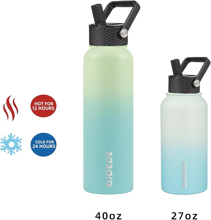 BJPKPK Insulated Water Bottles with Straw Lid, 27oz Stainless Steel Water Bottle with 3 Lids, Leak Proof BPA Free Metal Thermo, Mugs, Tumblers, Keep Cold Hot - Mint