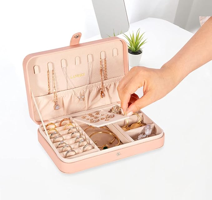 LANDICI Small Jewelry Box for Women Girls, PU Leather Travel Jewelry Case, Portable Jewelry Organizer Storage Holder Display for Ring Earrings Necklace Bracelet Bangle Men Kids Gift, Pink
