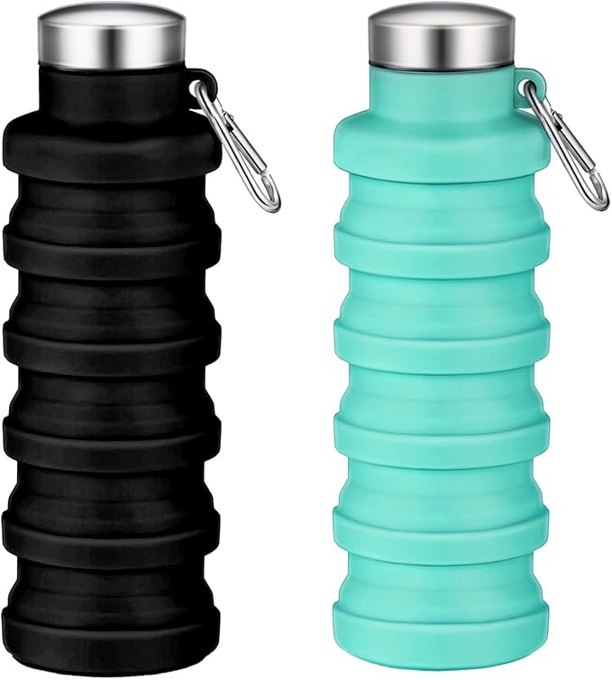 Collapsible Water Bottle,16oz Capacity Portable Reusable Silicone Water Bottle,Leak-proof,with buckle,foldable storage,Lightweight Durable for Fitness,Cycling,Sports,Camping,Hiking (Black+Green)