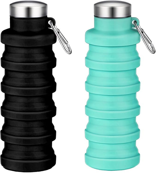 Collapsible Water Bottle,16oz Capacity Portable Reusable Silicone Water Bottle,Leak-proof,with buckle,foldable storage,Lightweight Durable for Fitness,Cycling,Sports,Camping,Hiking (Black+Green)