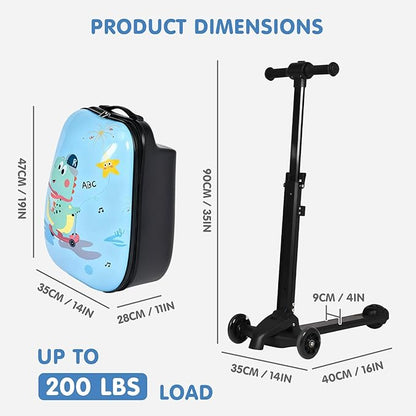smilesun 4-in-1 Detachable Scooter Luggage for Kids & Teens, Hardside Ride-On Suitcase with Dinosaur Design, Lightweight Foldable, Perfect Travel Gift for Boys(Light Blue 22-inch)