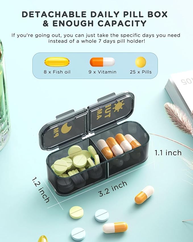 Pill Organizer 2 Times A Day, 7 Day Am Pm Pill Box - Acedada Weekly Pill Organizer Twice A Day, Portable Removable Daily Medicine Container Dispenser Case for Vitamin Fish Oil Supplement, Black Grey