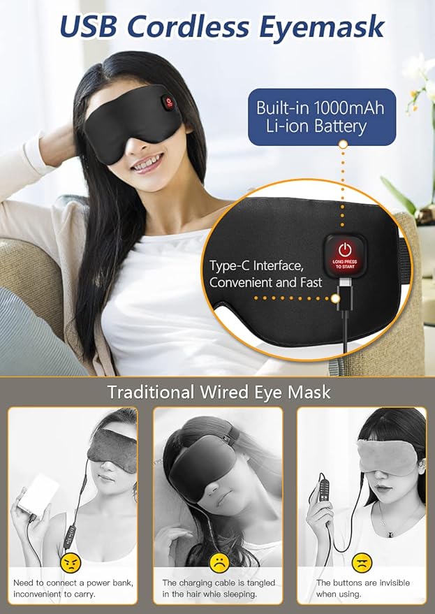 Heated Eye Mask Cordless for Dry Eyes, USB Eyes Heating Pad, Rechargeable, Real Silk, Sleep Mask for Men Women, Warm Eye Compress for Relief Stye, Blepharitis, Chalazion Black
