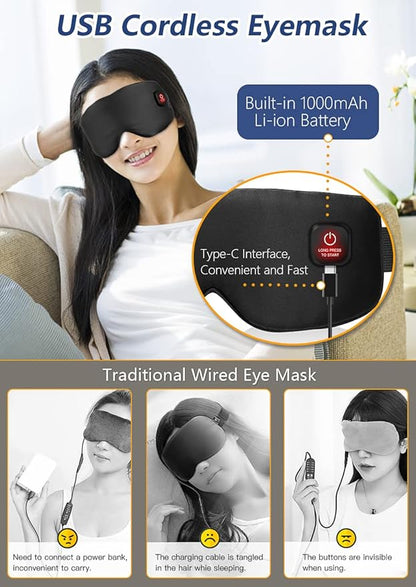 Heated Eye Mask Cordless for Dry Eyes, USB Eyes Heating Pad, Rechargeable, Real Silk, Sleep Mask for Men Women, Warm Eye Compress for Relief Stye, Blepharitis, Chalazion Black