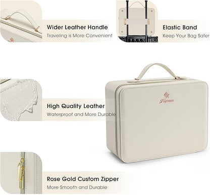 Leather Makeup Case with LED Lighted Mirror 11.4 Inch Travel Makeup Bag Adjustable Brightness in 3 Colors Cosmetic Organizer Artist Storage Bag with Dividers Brush Holder Bag Vanity White