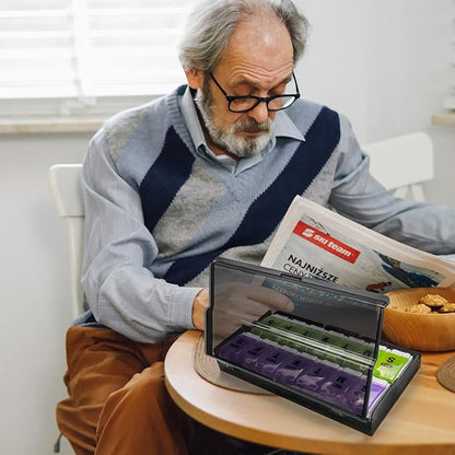 Extra Large Weekly Pill Organizer 2 Times a Day - Remtise Am/Pm Daily Pill Case Medicine Organizer, Push Button 7 Day Pill Box for Pills/Vitamin/Cod Liver Oil/Supplements (Purple & Green)