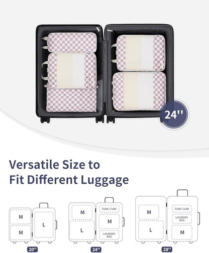 Narwey 5 Set Compression Packing Cubes for Travel, Luggage Packing Organizer Bags for Carry on Suitcase, Expandable Checkered Storage Bags with Laundry & Handle (Dusty Pink Checkerboard)