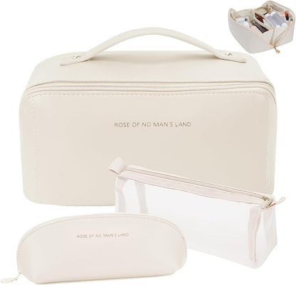 3 Pcs Travel Makeup Bag Portable Large Capacity Cosmetic Bags for Women Open Flat Makeup Case Organizer Bag Set of 3 Waterproof PU Leather Toiletry Bags with Divider and Handle (White, Medium)