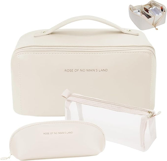 3 Pcs Travel Makeup Bag Portable Large Capacity Cosmetic Bags for Women Open Flat Makeup Case Organizer Bag Set of 3 Waterproof PU Leather Toiletry Bags with Divider and Handle (White, Medium)