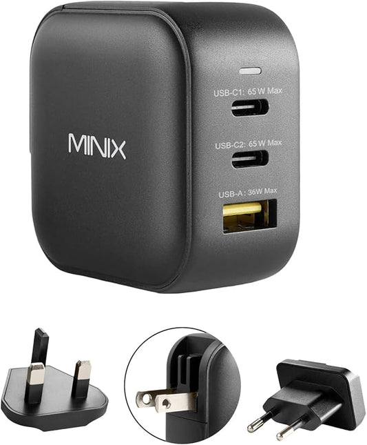 MINIX 66W Turbo 3-Port GaN Wall Charger 2 x USB-C Fast Charging Adapter, 1 x USB-A Quick Charge 3.0, Compatible with MacBook Pro Air, iPad Pro, iPhone 16/15/13/12/11, Galaxy S9 S8 and More (NEO P1)
