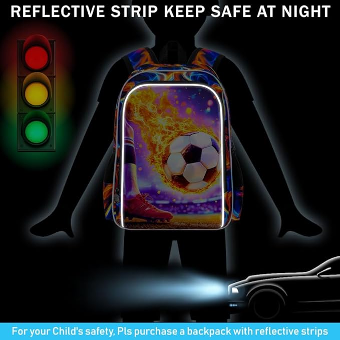 WZLVO 3PCS Soccer Bookbag for Boys, 17" Cool UV Printing Kids Backpack/School Bag with Lunch Box & Pencil Bag for Elementary to Middle - Flaming Soccer Kick