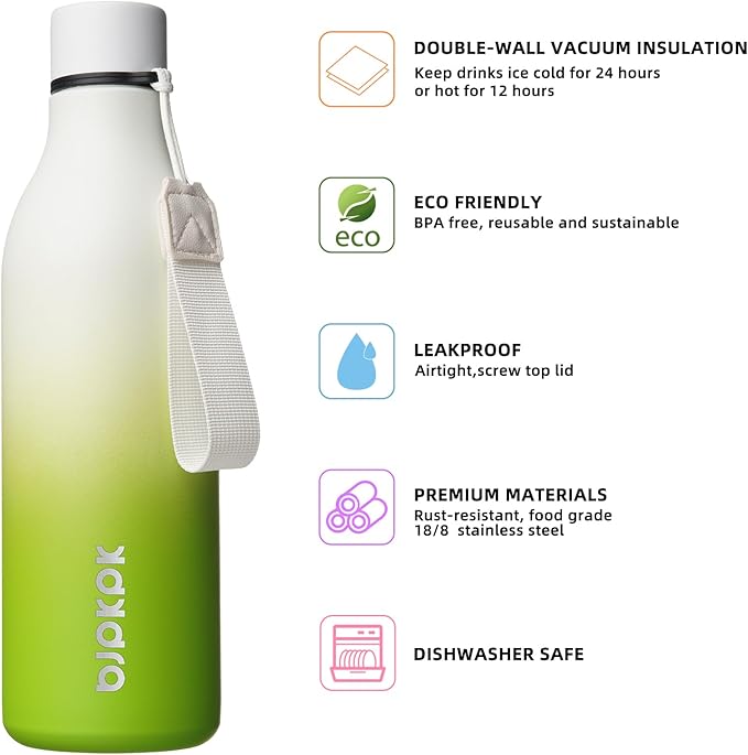 BJPKPK Insulated Water Bottles, 25 oz Stainless Steel Metal Water Bottle with Strap, BPA Free Leak Proof Jugs, Mugs, Flasks, Reusable Thermal Flasks for Sports & Travel, Elegant Green