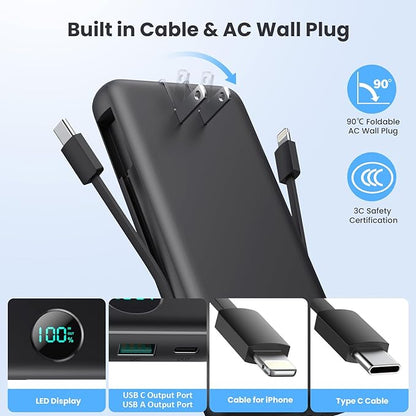 Portable Charger 33800mAh USB C Power Bank with Built-in Cables & AC Wall Plug,25W Fast Charging+QC 4.0 Phone Charger,4 Output Travel Essentials Battery Pack for iPhone16/15/14/13,Samsung,Android etc