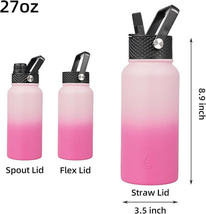 BJPKPK Insulated Water Bottles with Straw Lid, 27oz Stainless Steel Water Bottle with 3 Lids, Leak Proof BPA Free Metal Thermo, Mugs, Tumblers, Keep Cold Hot -Cherry