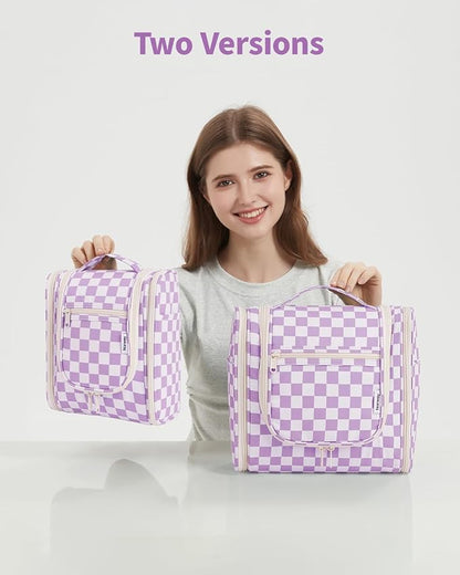 Narwey Checked Hanging Travel Toiletry Bag for Women, Travel Bag for Toiletries, Makeup Bag Organizer Cosmetic Bags Make Up Bags for Women (Purple Checkerboard)