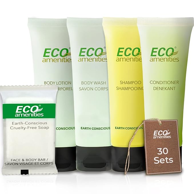 ECO amenities Travel Essentials Toiletry Kit - 150-Piece Hotel Toiletries Bulk Set - Shampoo & Conditioner Pack - Travel Body Wash & Bar Soap - 30ml Shampoo/Conditioner, 30ml Body Wash/Lotion,28g Soap