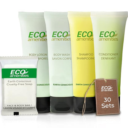 ECO amenities Travel Essentials Toiletry Kit - 150-Piece Hotel Toiletries Bulk Set - Shampoo & Conditioner Pack - Travel Body Wash & Bar Soap - 30ml Shampoo/Conditioner, 30ml Body Wash/Lotion,28g Soap