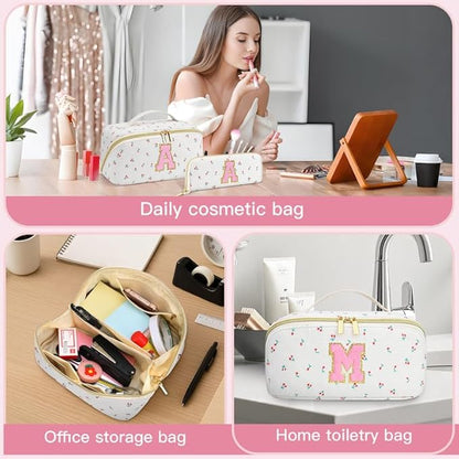 Personalized Travel Makeup Bag Set,Initial Travel Cute Cherry Makeup Organizer Bag,Toiletry Skincare Cosmetic Bag,Christmas Gifts for Women/Girls,Open Flat Toiletry Pouch with Brush Pocket-Q