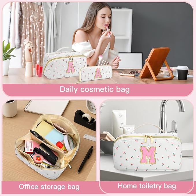 Personalized Travel Makeup Bag Set,Initial Travel Cute Cherry Makeup Organizer Bag,Toiletry Skincare Cosmetic Bag,Christmas Gifts for Women/Girls,Open Flat Toiletry Pouch with Brush Pocket-L