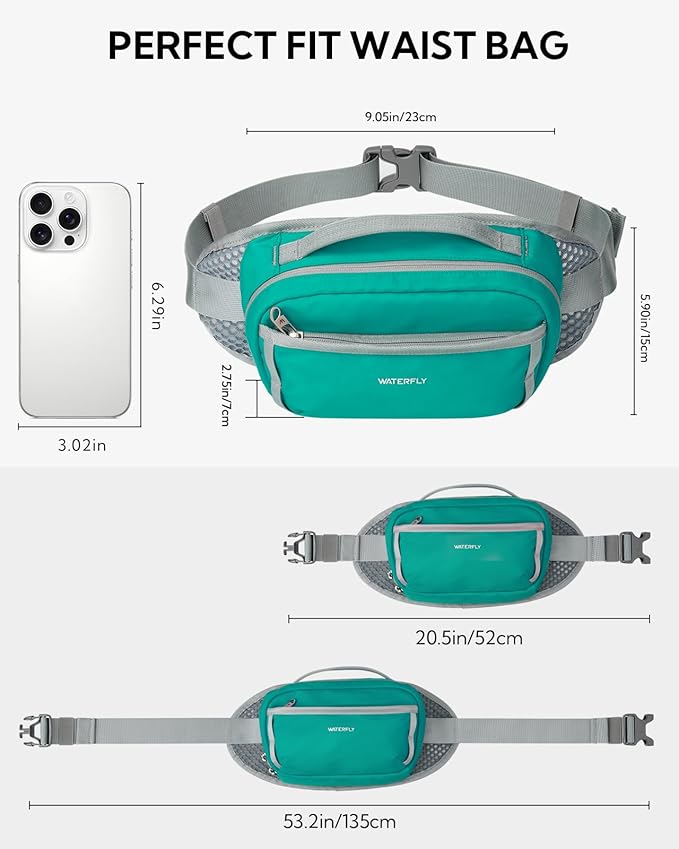 WATERFLY Fanny Pack Waist Bag: 2.3L Large RFID Blocking Crossbody Bags for Women Men, Breathable Casual Anti-Theft Hip Pouch for Traveling Walking Hiking-Cyan