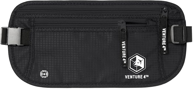 VENTURE 4TH Travel Money Belt - Slim Passport Holder RFID Blocking Travel Pouch to Protect Cash, Credit Cards and Travel Documents (Pure Black)