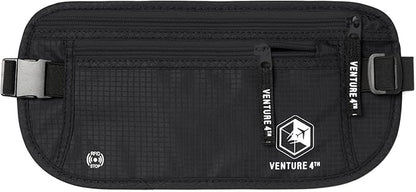 VENTURE 4TH Travel Money Belt - Slim Passport Holder RFID Blocking Travel Pouch to Protect Cash, Credit Cards and Travel Documents (Pure Black)