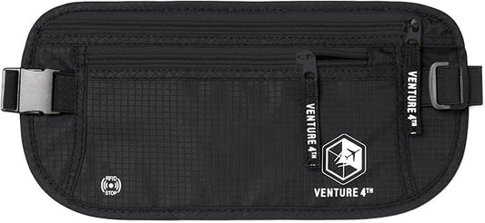 VENTURE 4TH Travel Money Belt - Slim Passport Holder RFID Blocking Travel Pouch to Protect Cash, Credit Cards and Travel Documents (Pure Black)